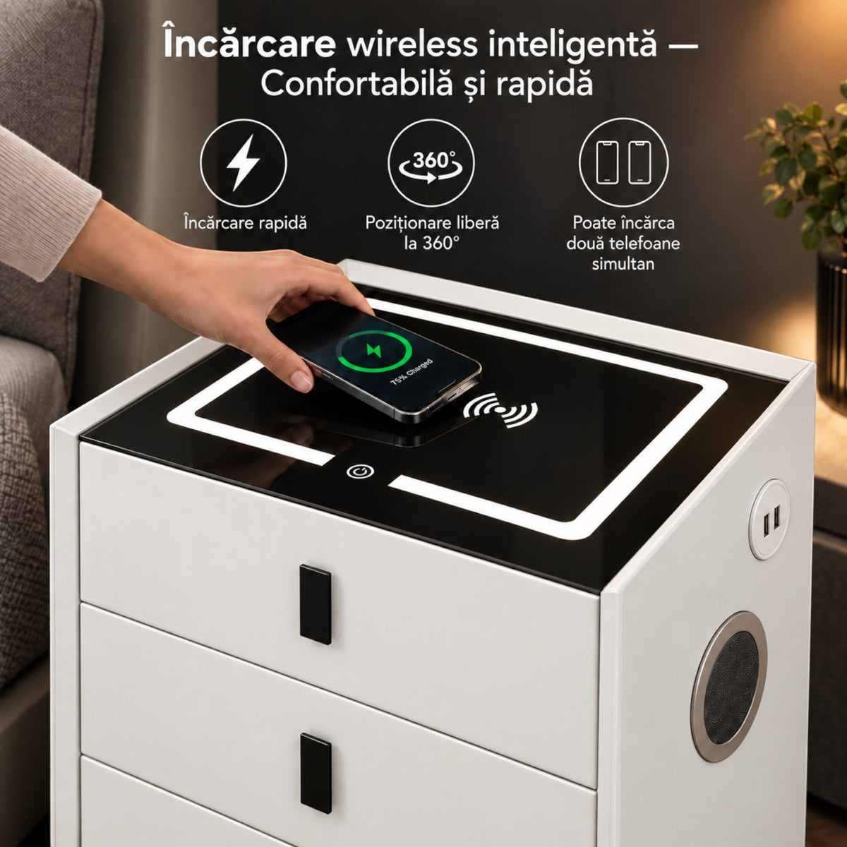 Noptiera Multifunctionala cu 3 Sertare, Incarcare Wireless si Boxa Bluetooth, Afisaj LED Tactil cu 3 Culori si 2 Porturi USB, 45x40x60cm