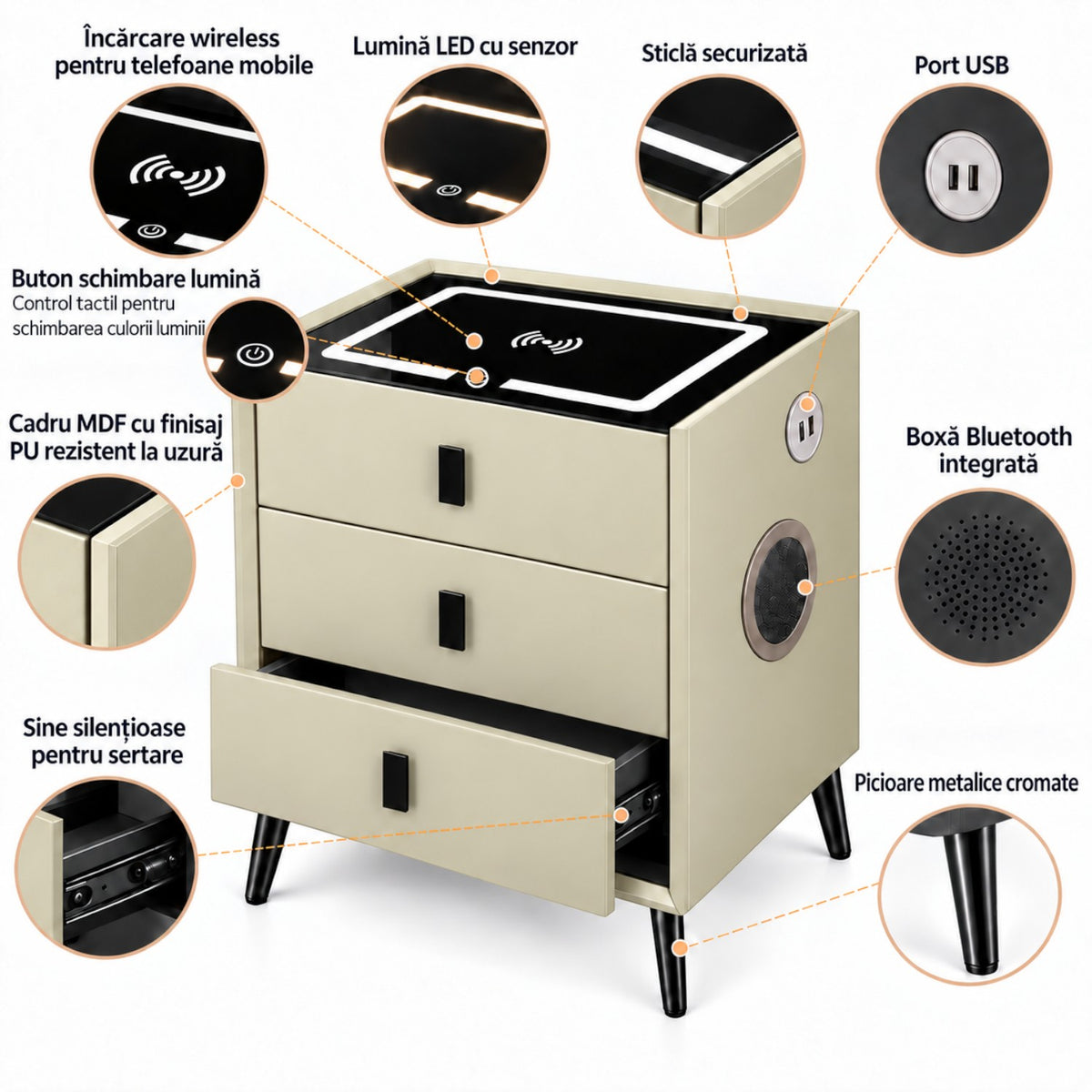 Noptiera Multifunctionala cu 3 Sertare, Incarcare Wireless si Boxa Bluetooth, Afisaj LED Tactil cu 3 Culori si 2 Porturi USB, 45x40x60cm