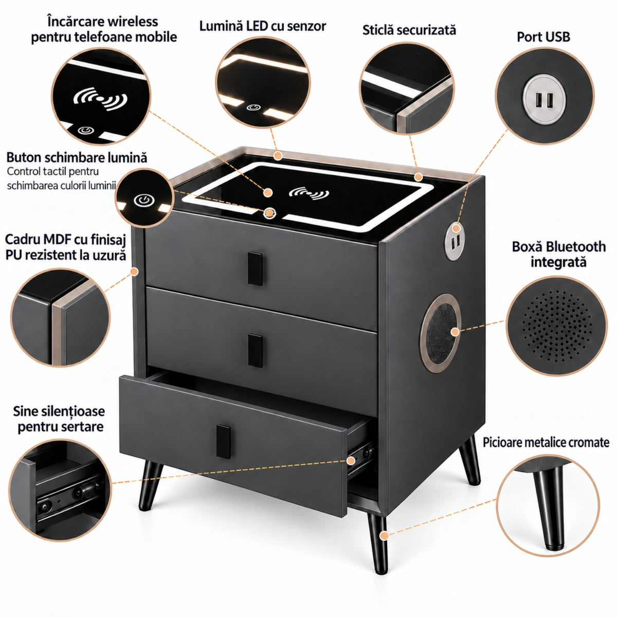 Noptiera Multifunctionala cu 3 Sertare, Incarcare Wireless si Boxa Bluetooth, Afisaj LED Tactil cu 3 Culori si 2 Porturi USB, 45x40x60cm