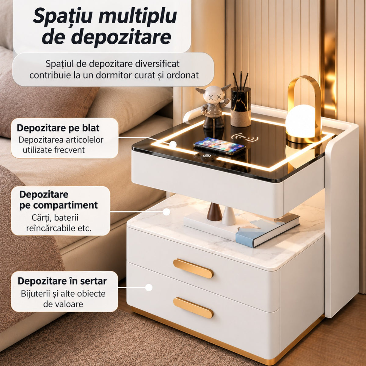 Noptiera Multifunctionala cu 2 Sertare, Spatiu de Depozitare, Blat din Piatra Sinterizata, Incarcare Wireless, Boxa Bluetooth, Port USB, Lumina de Noapte cu Senzor, 56x40x50cm