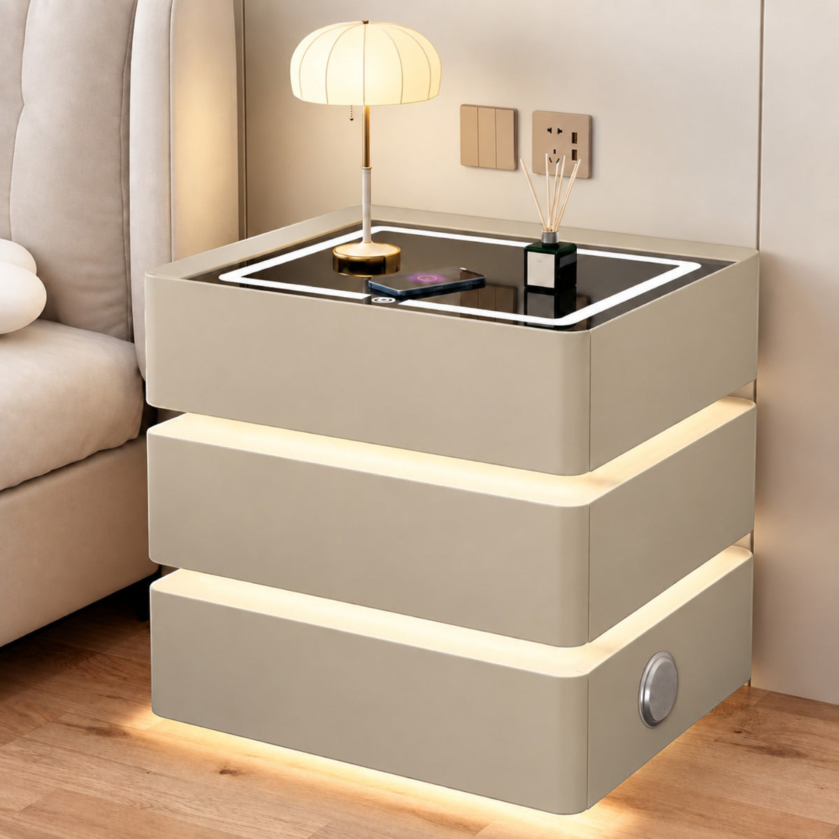 Noptiera Multifunctionala cu 3 Sertare, Design Suspendat, Incarcare Wireless si Boxa Bluetooth, Iluminare LED Ambientala Tricolora, 50x40x72cm