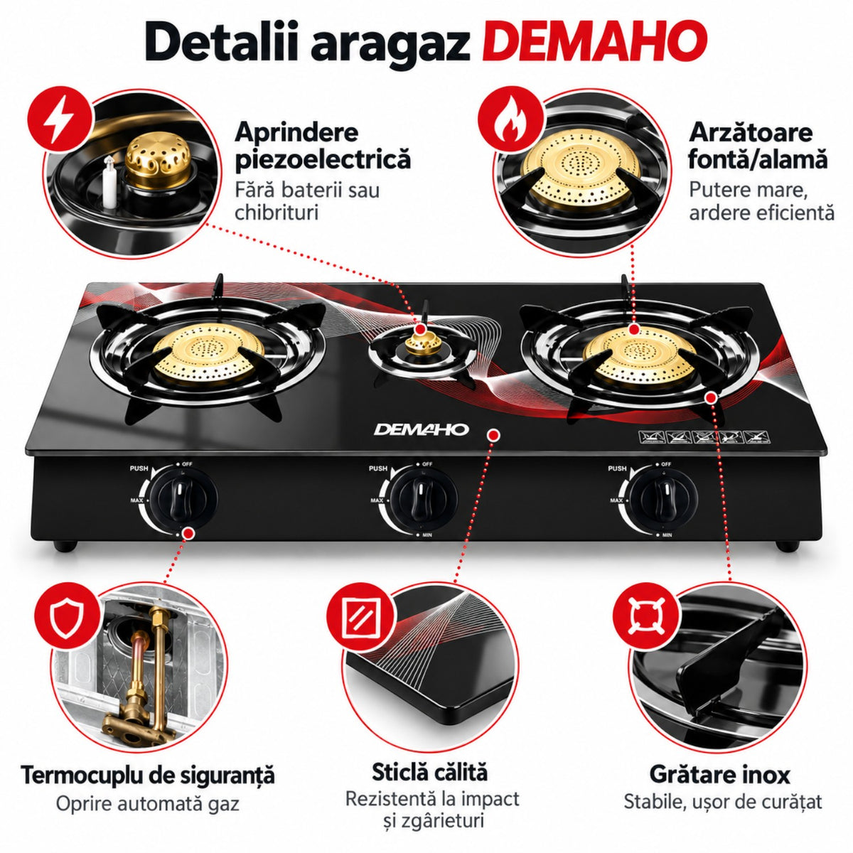 Aragaz cu 3 Ochiuri, Plita din Sticla Securizata, Aprindere Piezoelectrica, Arzatoare Fonta/Alama, Siguranta Termocuplu, GPL, 70x37.5x8.5 cm, Negru