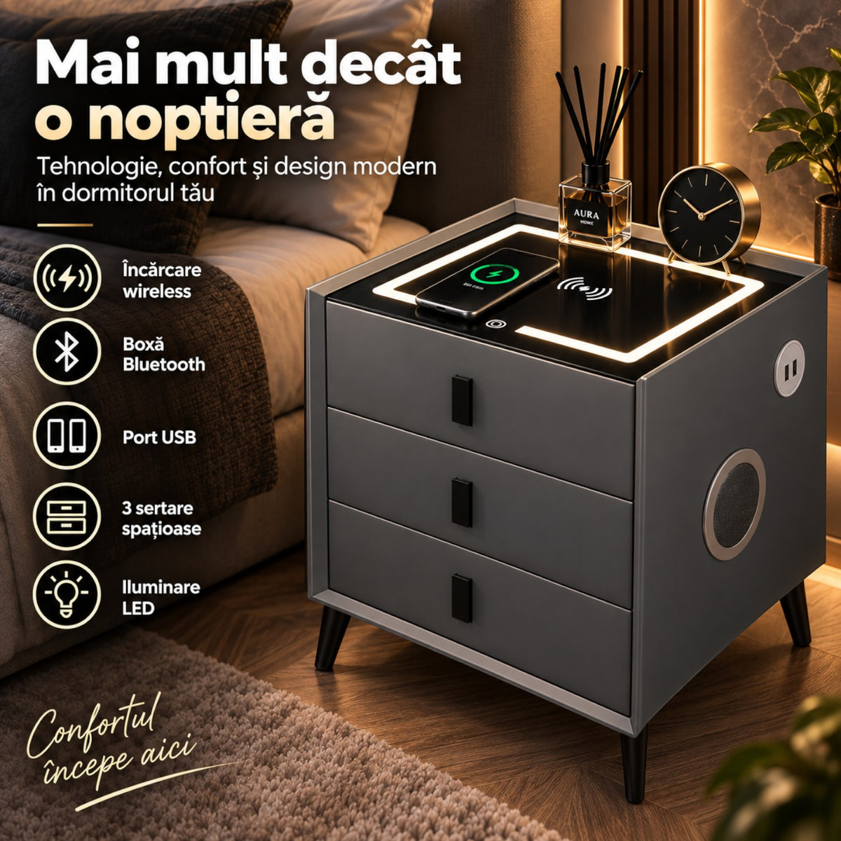 Noptiera Multifunctionala cu 3 Sertare, Incarcare Wireless si Boxa Bluetooth, Afisaj LED Tactil cu 3 Culori si 2 Porturi USB, 45x40x60cm