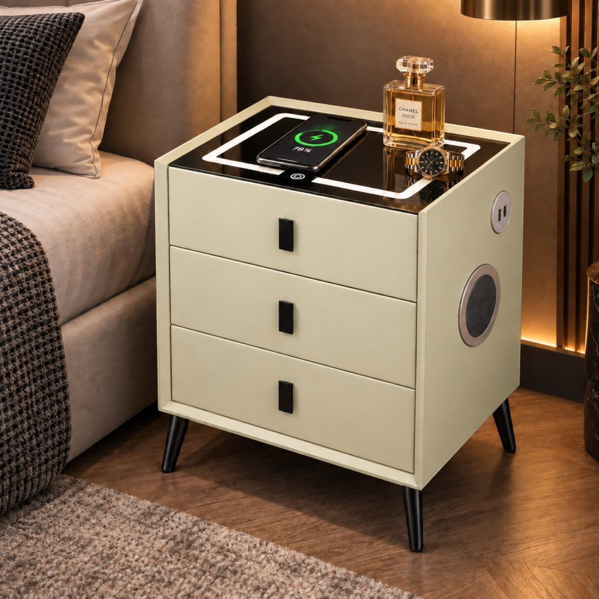Noptiera Multifunctionala cu 3 Sertare, Incarcare Wireless si Boxa Bluetooth, Afisaj LED Tactil cu 3 Culori si 2 Porturi USB, 45x40x60cm