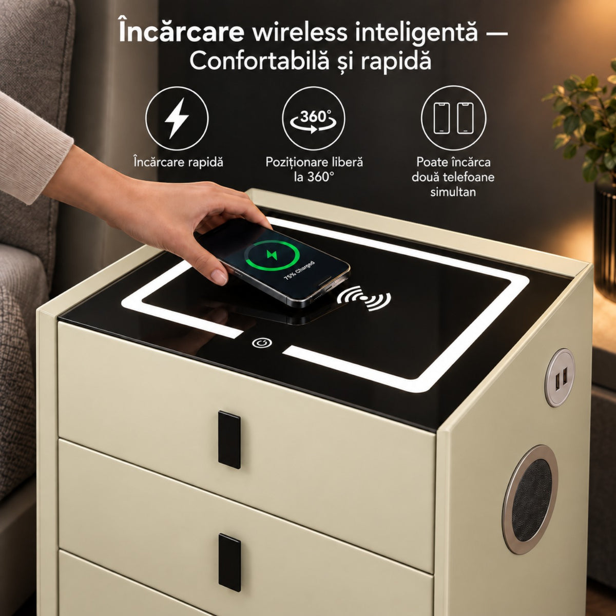 Noptiera Multifunctionala cu 3 Sertare, Incarcare Wireless si Boxa Bluetooth, Afisaj LED Tactil cu 3 Culori si 2 Porturi USB, 45x40x60cm