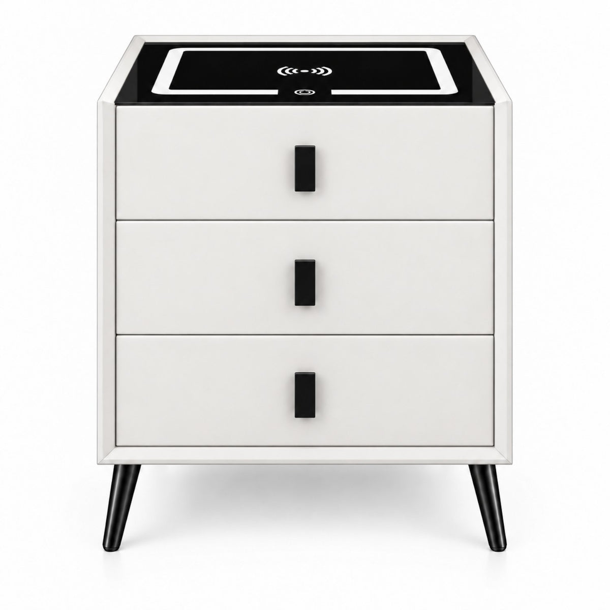 Noptiera Multifunctionala cu 3 Sertare, Incarcare Wireless si Boxa Bluetooth, Afisaj LED Tactil cu 3 Culori si 2 Porturi USB, 45x40x60cm