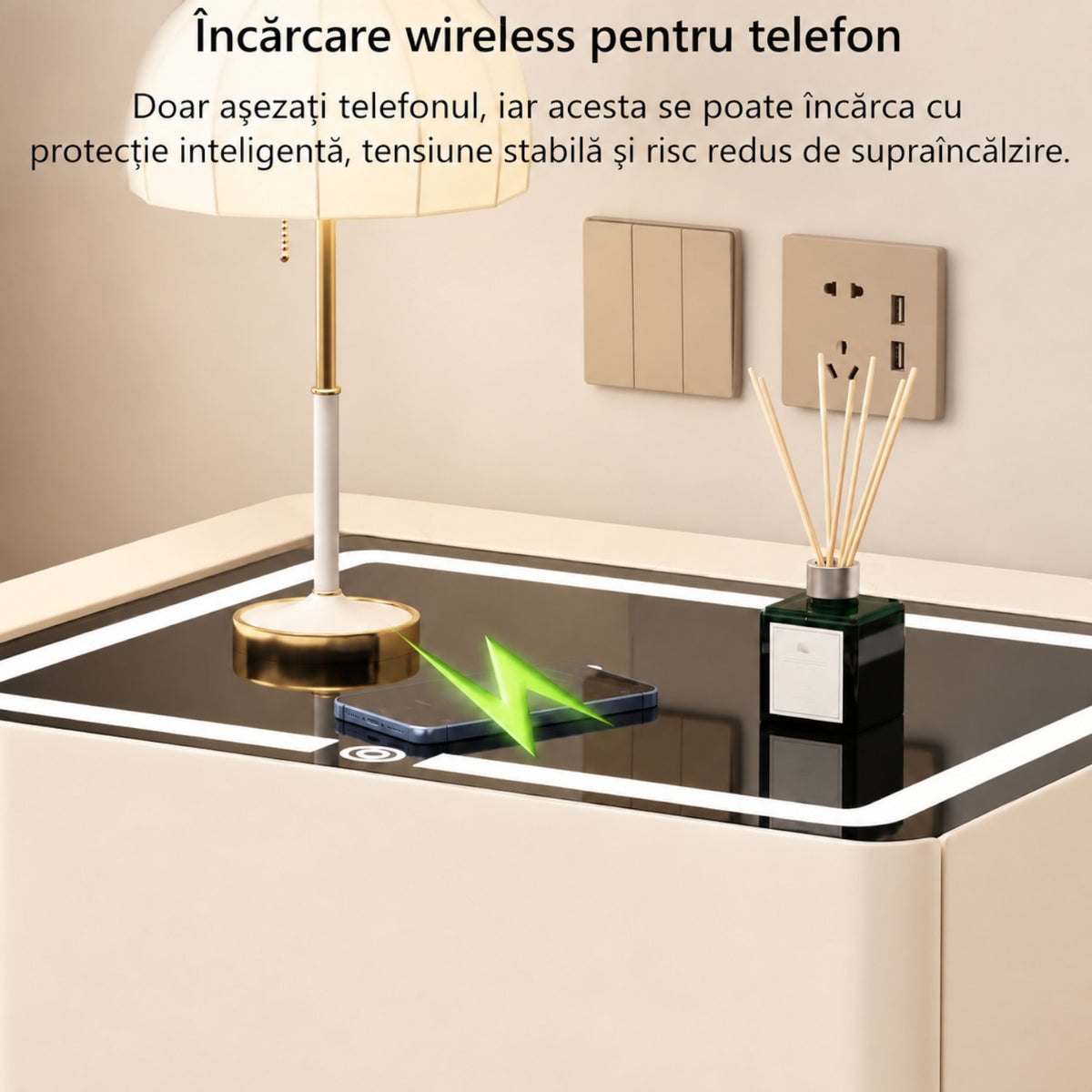 Noptiera Multifunctionala cu 3 Sertare, Design Suspendat, Incarcare Wireless si Boxa Bluetooth, Iluminare LED Ambientala Tricolora, 50x40x72cm