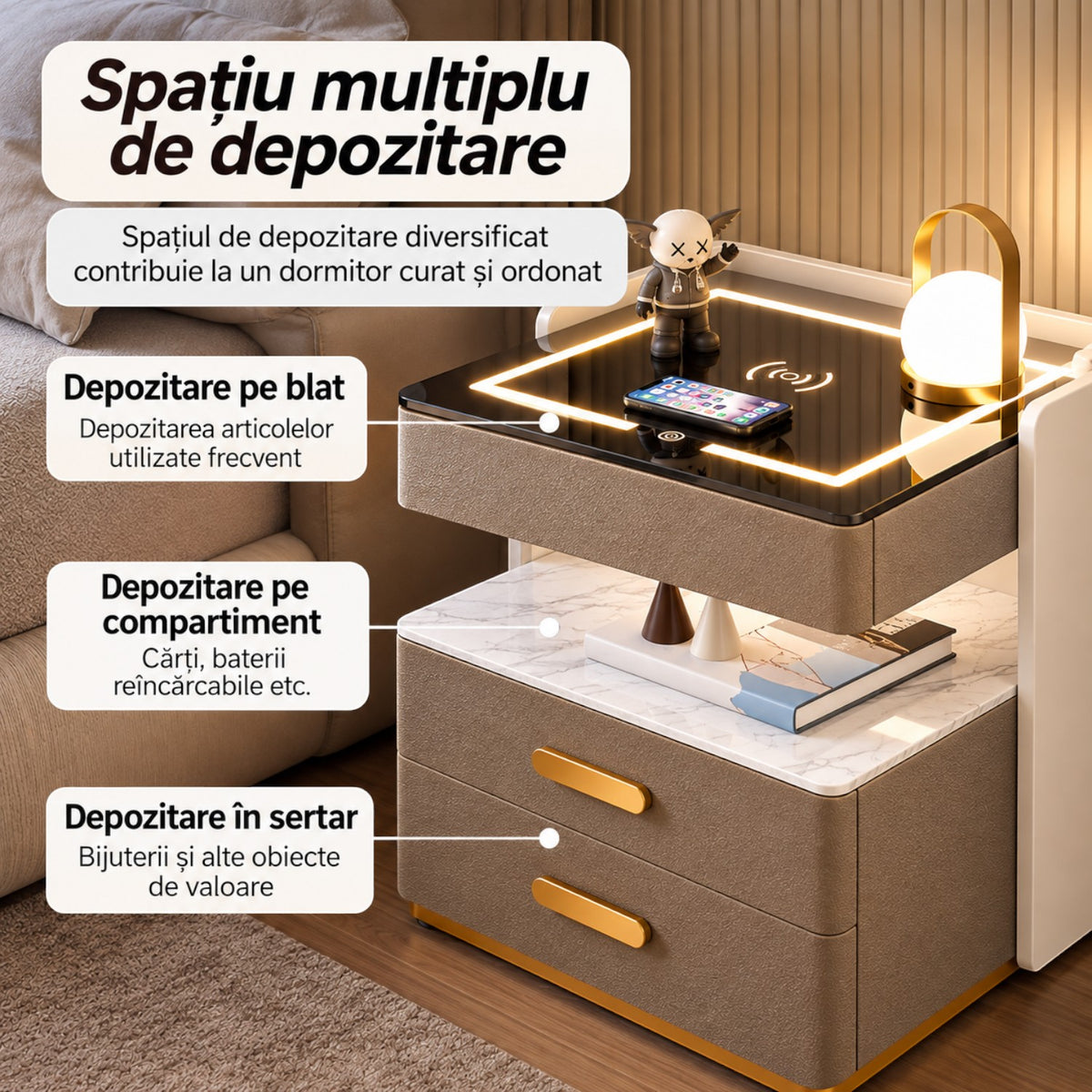 Noptiera Multifunctionala cu 2 Sertare, Spatiu de Depozitare, Blat din Piatra Sinterizata, Incarcare Wireless, Boxa Bluetooth, Port USB, Lumina de Noapte cu Senzor, 56x40x50cm