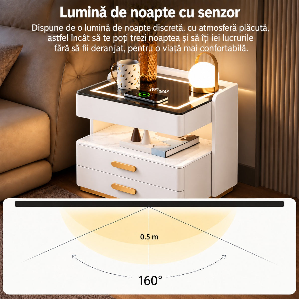 Noptiera Multifunctionala cu 2 Sertare, Spatiu de Depozitare, Blat din Piatra Sinterizata, Incarcare Wireless, Boxa Bluetooth, Port USB, Lumina de Noapte cu Senzor, 56x40x50cm