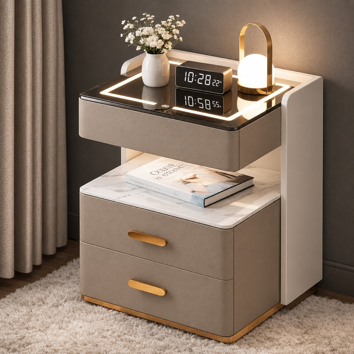 Noptiera Multifunctionala cu 2 Sertare, Spatiu de Depozitare, Blat din Piatra Sinterizata, Incarcare Wireless, Boxa Bluetooth, Port USB, Lumina de Noapte cu Senzor, 56x40x50cm