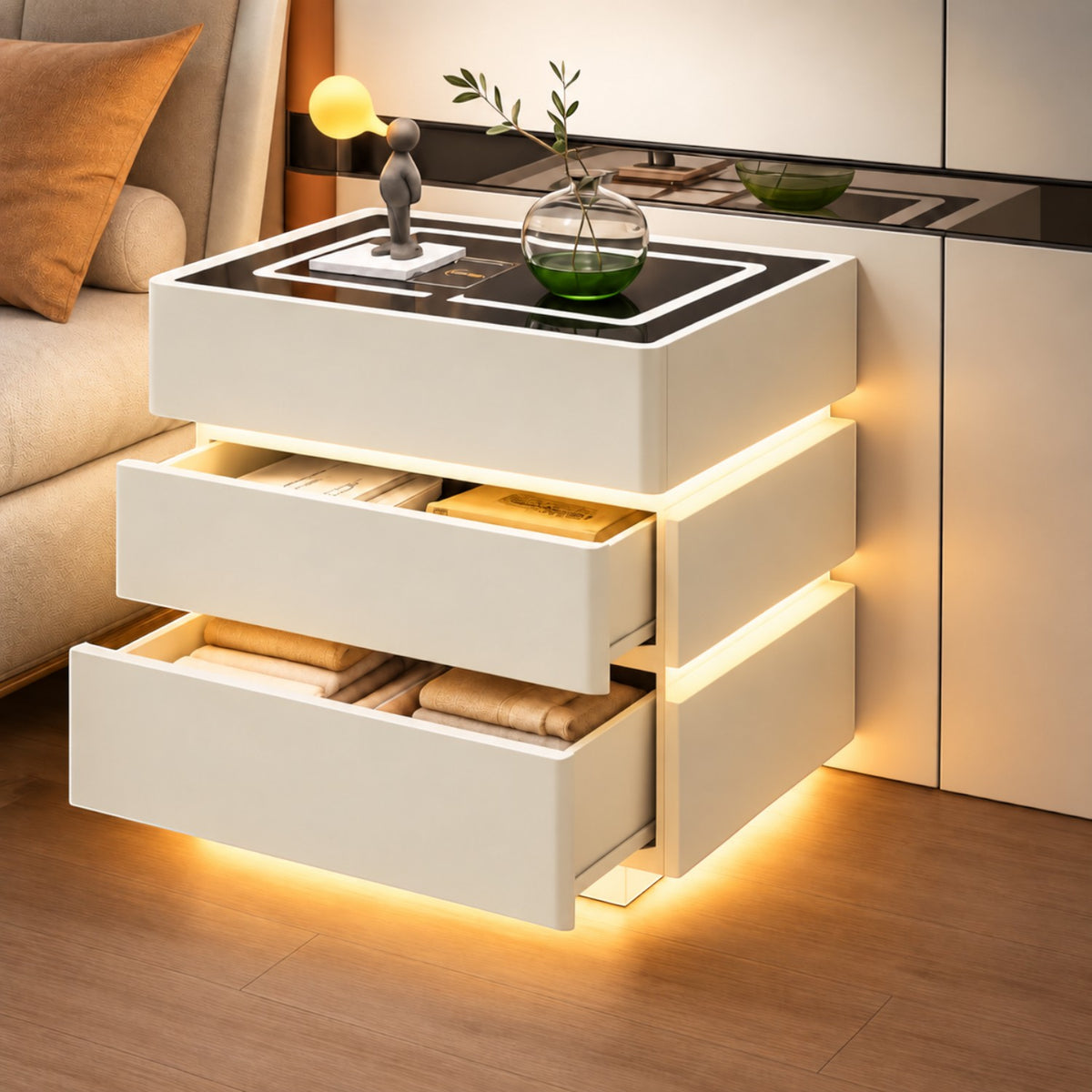 Noptiera Multifunctionala cu 3 Sertare, Design Suspendat, Incarcare Wireless si Boxa Bluetooth, Iluminare LED Ambientala Tricolora, 50x40x72cm