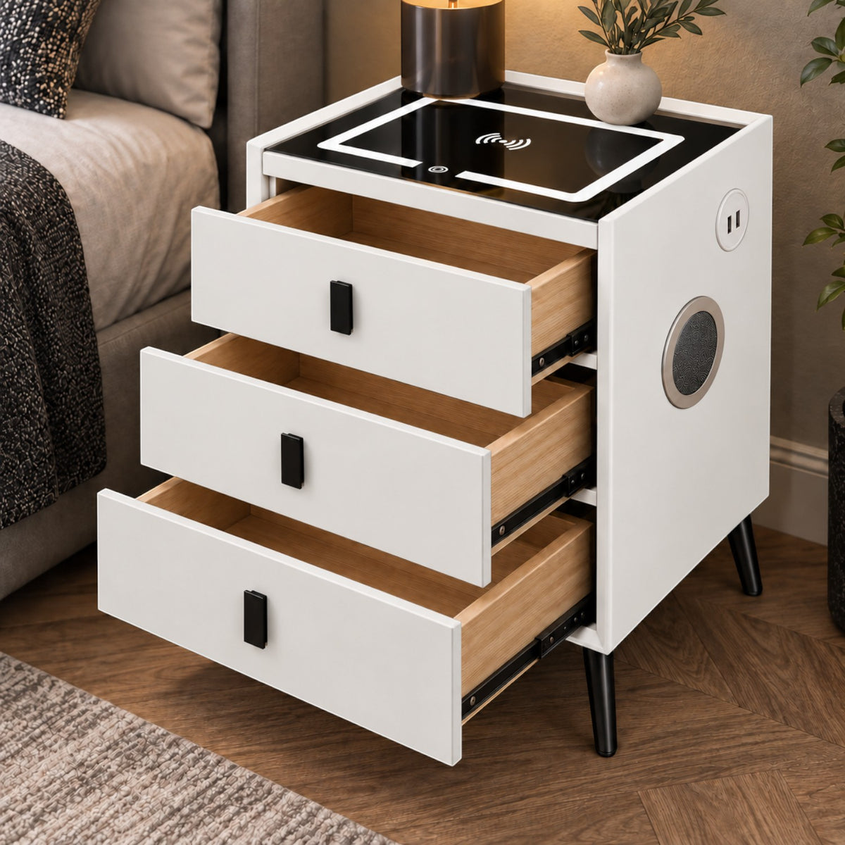 Noptiera Multifunctionala cu 3 Sertare, Incarcare Wireless si Boxa Bluetooth, Afisaj LED Tactil cu 3 Culori si 2 Porturi USB, 45x40x60cm