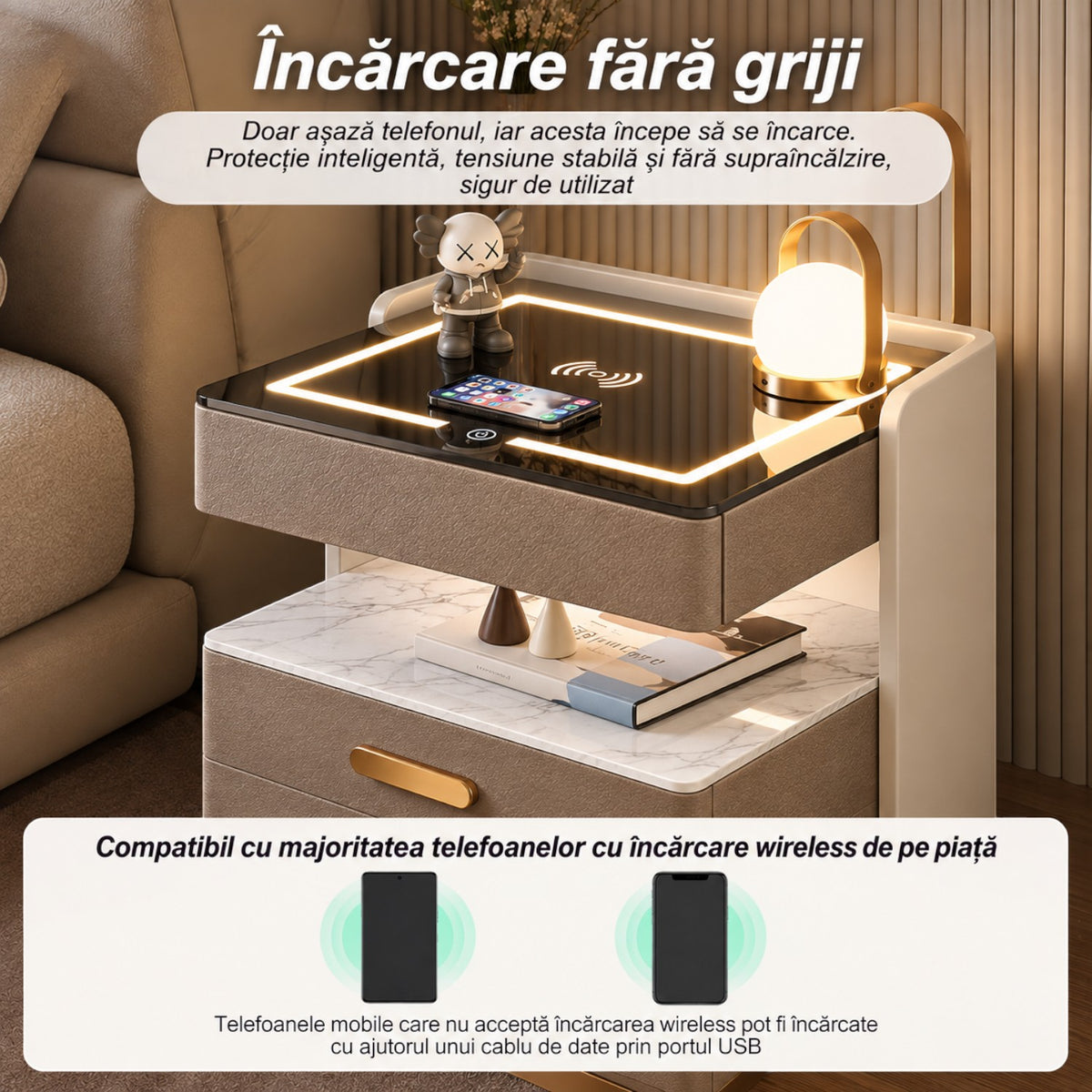 Noptiera Multifunctionala cu 2 Sertare, Spatiu de Depozitare, Blat din Piatra Sinterizata, Incarcare Wireless, Boxa Bluetooth, Port USB, Lumina de Noapte cu Senzor, 56x40x50cm