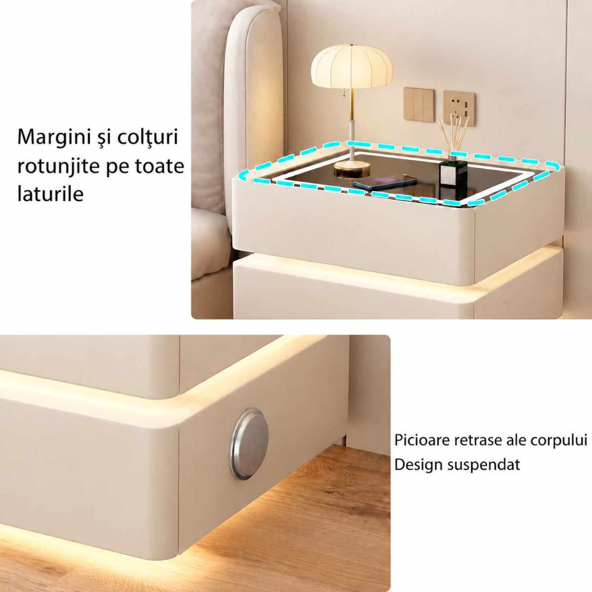 Noptiera Multifunctionala cu 3 Sertare, Design Suspendat, Incarcare Wireless si Boxa Bluetooth, Iluminare LED Ambientala Tricolora, 50x40x72cm