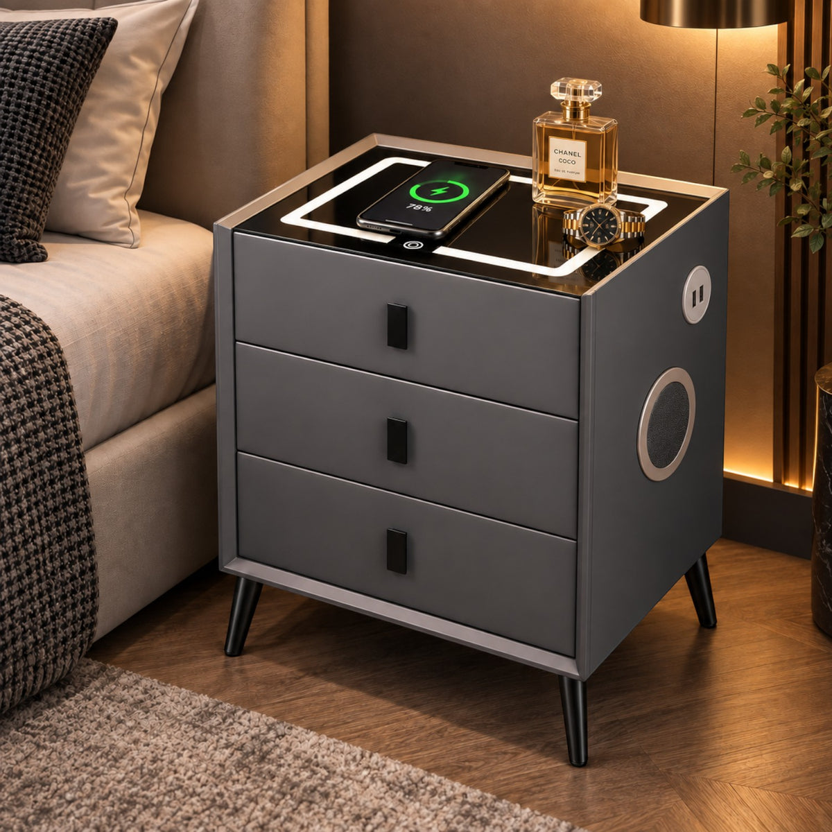 Noptiera Multifunctionala cu 3 Sertare, Incarcare Wireless si Boxa Bluetooth, Afisaj LED Tactil cu 3 Culori si 2 Porturi USB, 45x40x60cm