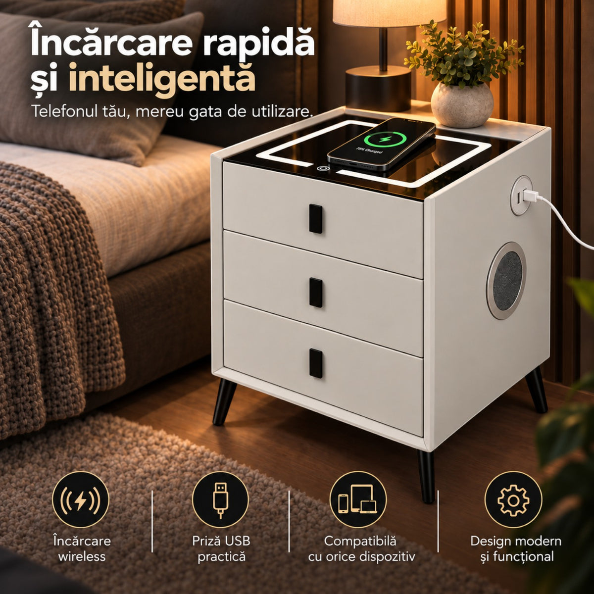 Noptiera Multifunctionala cu 3 Sertare, Incarcare Wireless si Boxa Bluetooth, Afisaj LED Tactil cu 3 Culori si 2 Porturi USB, 45x40x60cm