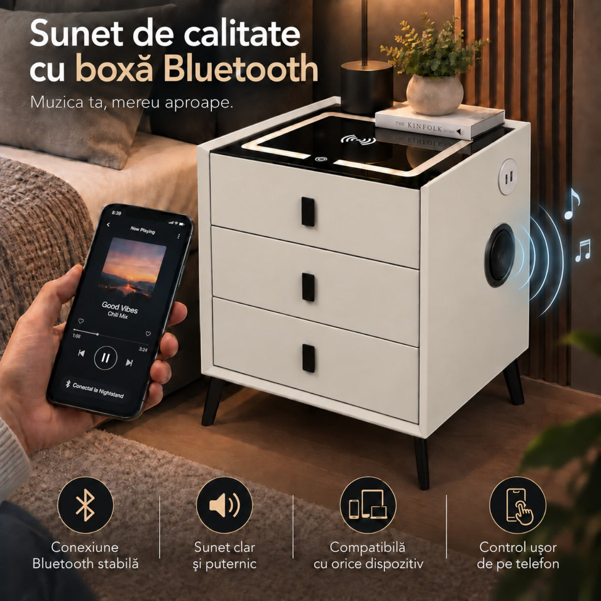 Noptiera Multifunctionala cu 3 Sertare, Incarcare Wireless si Boxa Bluetooth, Afisaj LED Tactil cu 3 Culori si 2 Porturi USB, 45x40x60cm