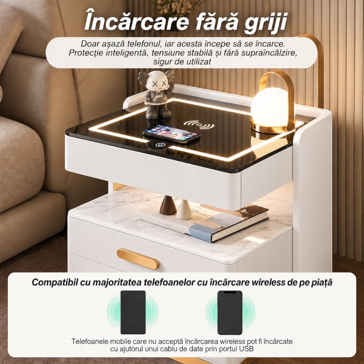 Noptiera Multifunctionala cu 2 Sertare, Spatiu de Depozitare, Blat din Piatra Sinterizata, Incarcare Wireless, Boxa Bluetooth, Port USB, Lumina de Noapte cu Senzor, 56x40x50cm