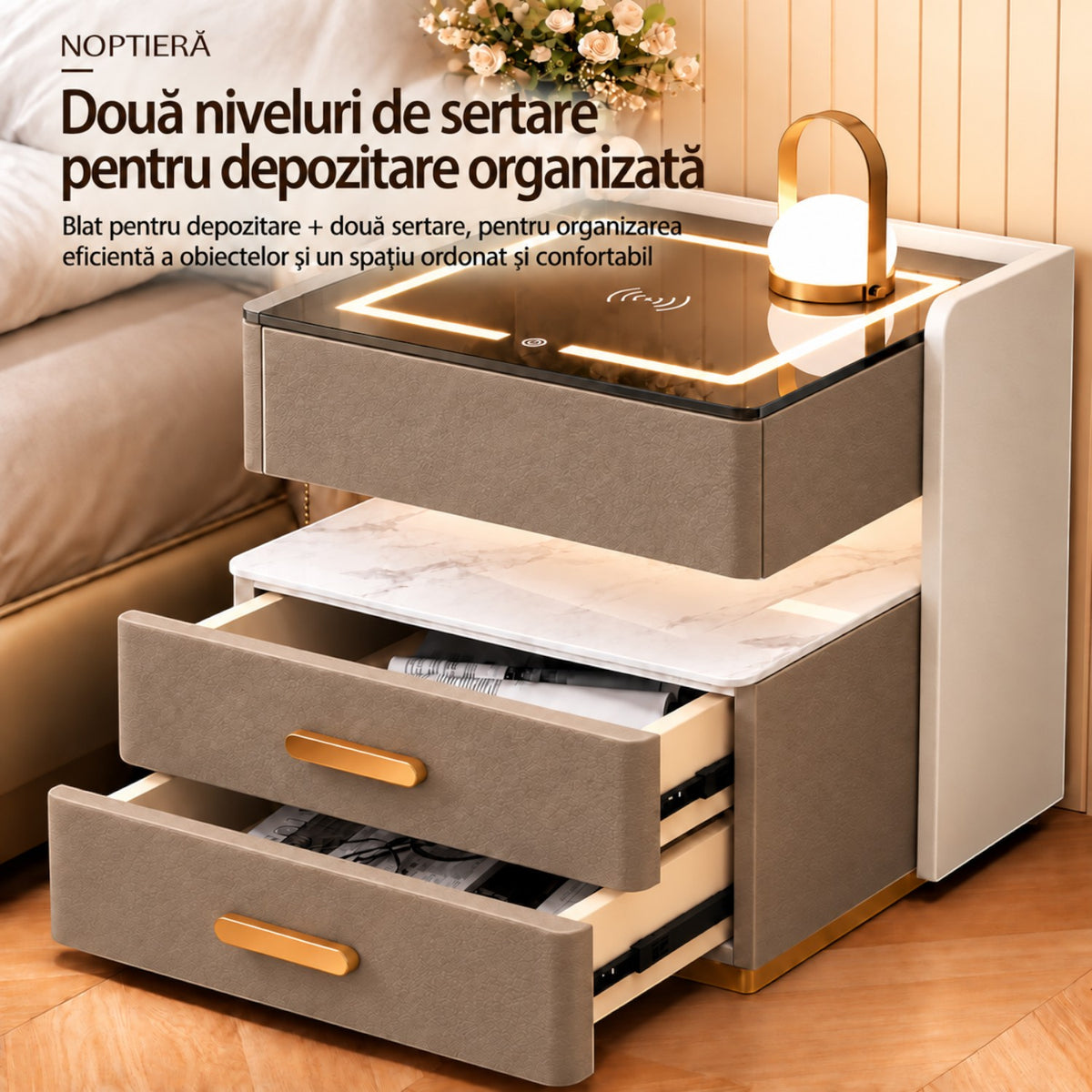 Noptiera Multifunctionala cu 2 Sertare, Spatiu de Depozitare, Blat din Piatra Sinterizata, Incarcare Wireless, Boxa Bluetooth, Port USB, Lumina de Noapte cu Senzor, 56x40x50cm
