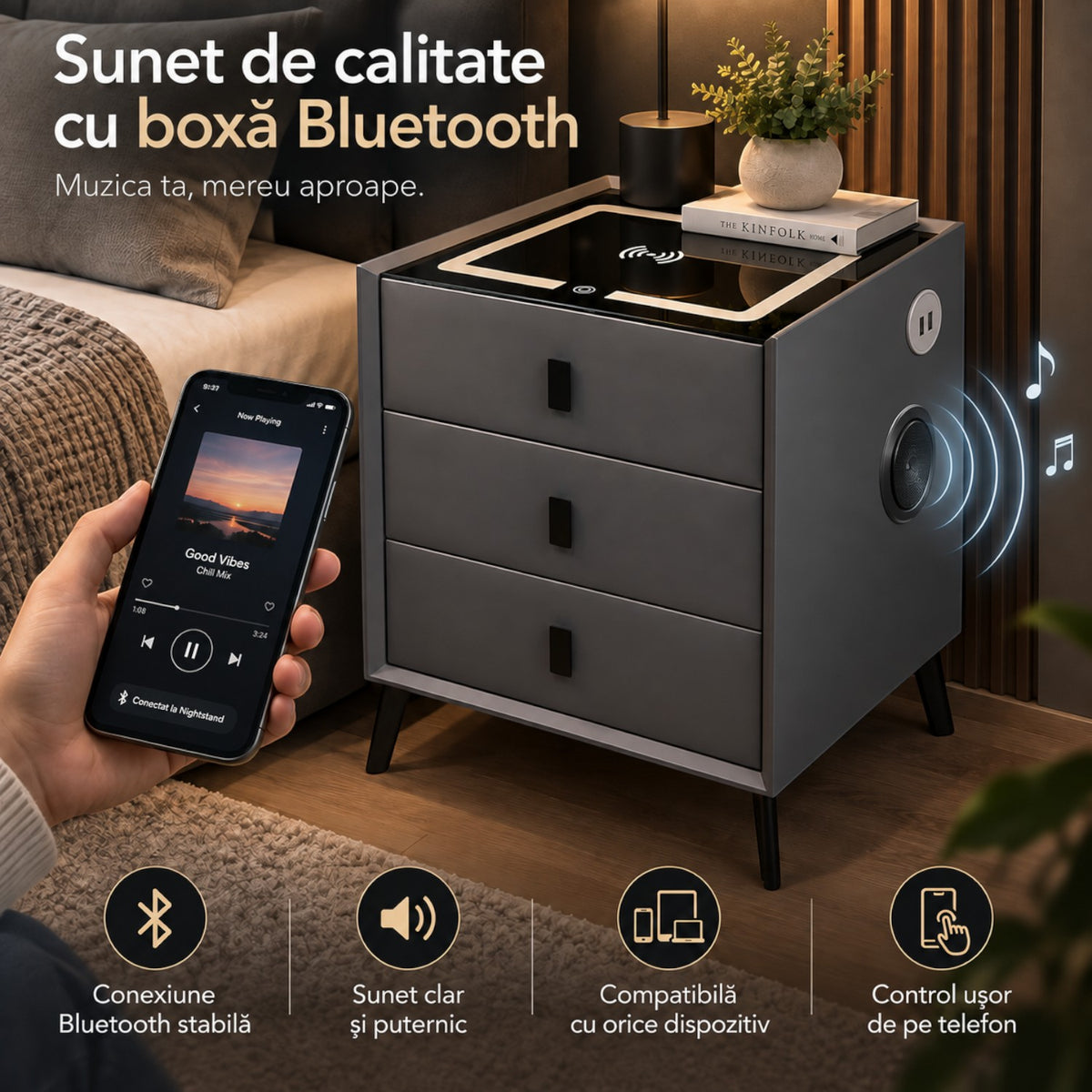 Noptiera Multifunctionala cu 3 Sertare, Incarcare Wireless si Boxa Bluetooth, Afisaj LED Tactil cu 3 Culori si 2 Porturi USB, 45x40x60cm