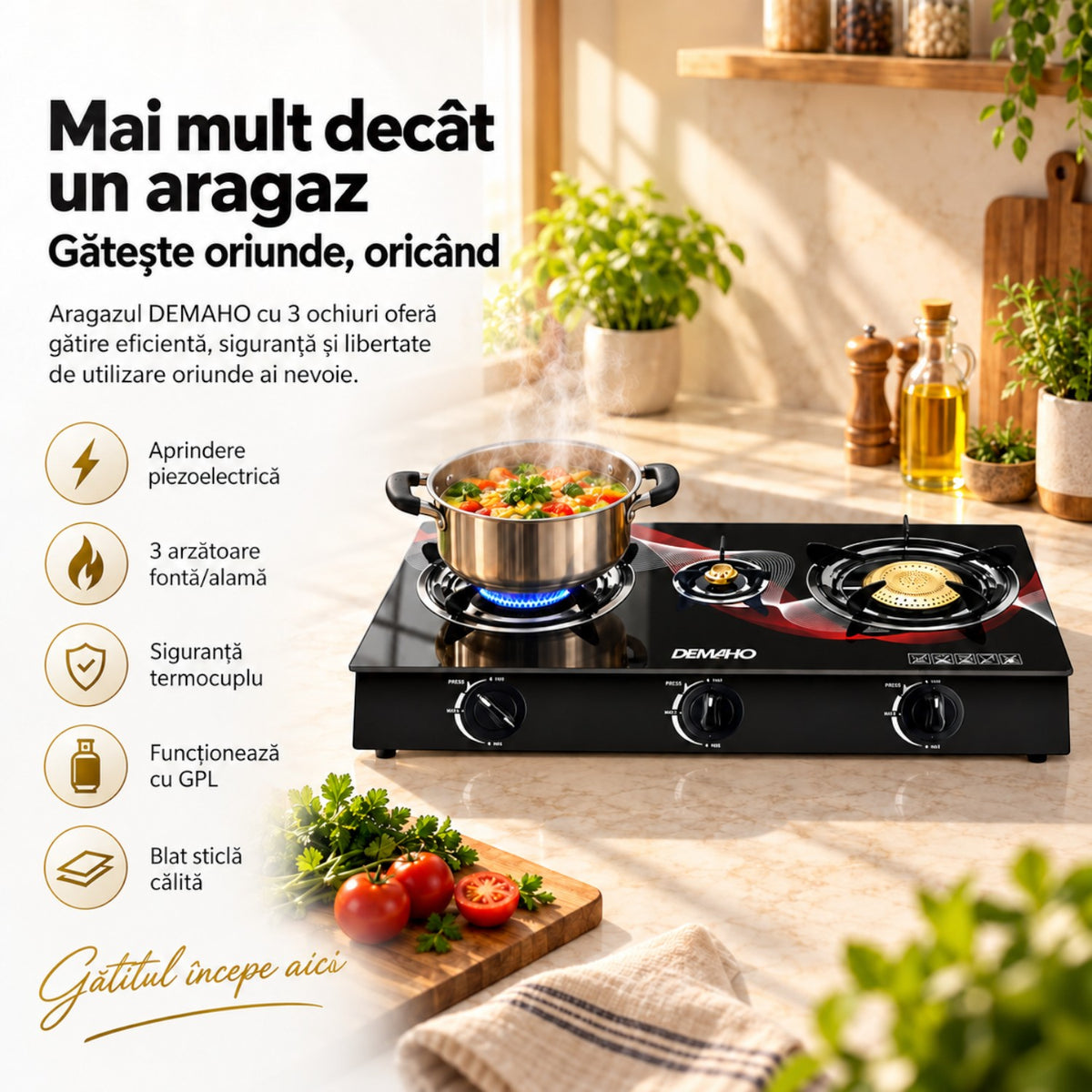 Aragaz cu 3 Ochiuri, Plita din Sticla Securizata, Aprindere Piezoelectrica, Arzatoare Fonta/Alama, Siguranta Termocuplu, GPL, 70x37.5x8.5 cm, Negru