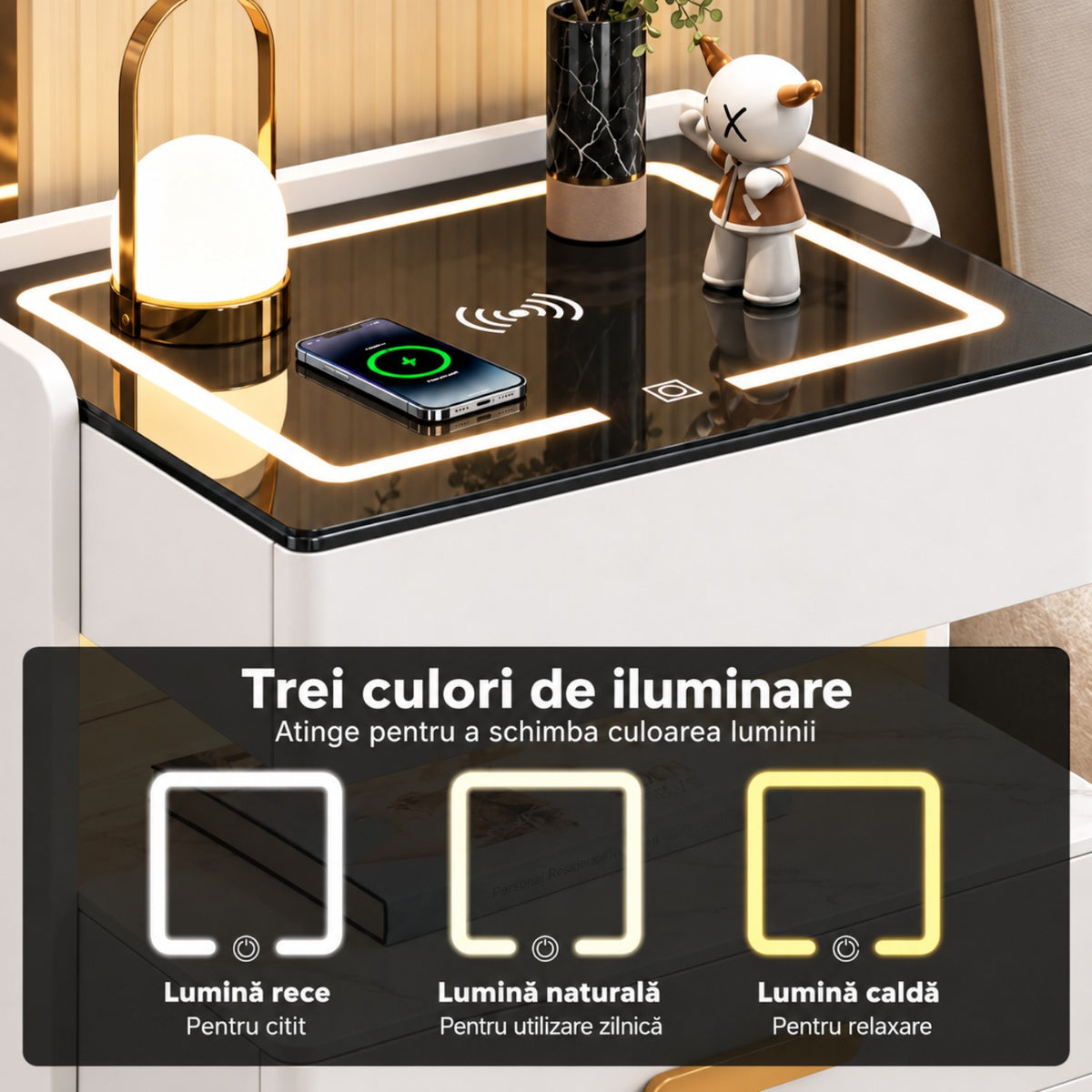 Noptiera Multifunctionala cu 2 Sertare, Spatiu de Depozitare, Blat din Piatra Sinterizata, Incarcare Wireless, Boxa Bluetooth, Port USB, Lumina de Noapte cu Senzor, 56x40x50cm