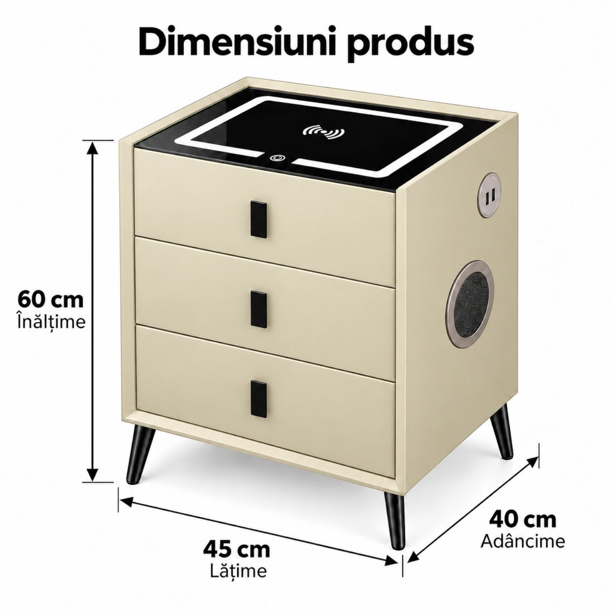 Noptiera Multifunctionala cu 3 Sertare, Incarcare Wireless si Boxa Bluetooth, Afisaj LED Tactil cu 3 Culori si 2 Porturi USB, 45x40x60cm