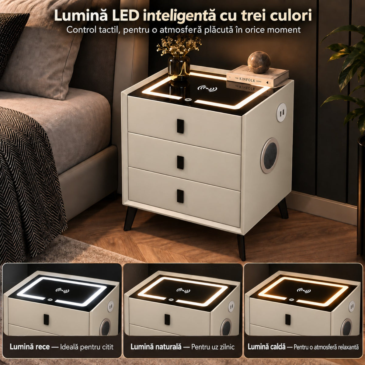 Noptiera Multifunctionala cu 3 Sertare, Incarcare Wireless si Boxa Bluetooth, Afisaj LED Tactil cu 3 Culori si 2 Porturi USB, 45x40x60cm