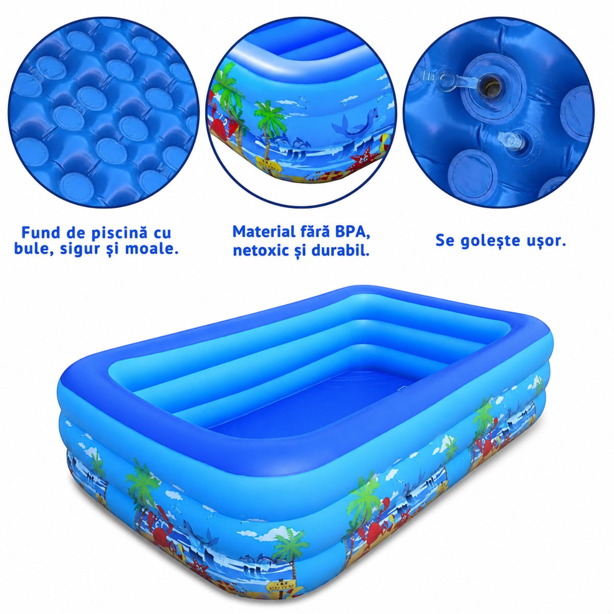 Piscina gonflabila familiala din PVC rezistent, 260x165x54 cm, 3 inele, design tropical, pentru curte si gradina