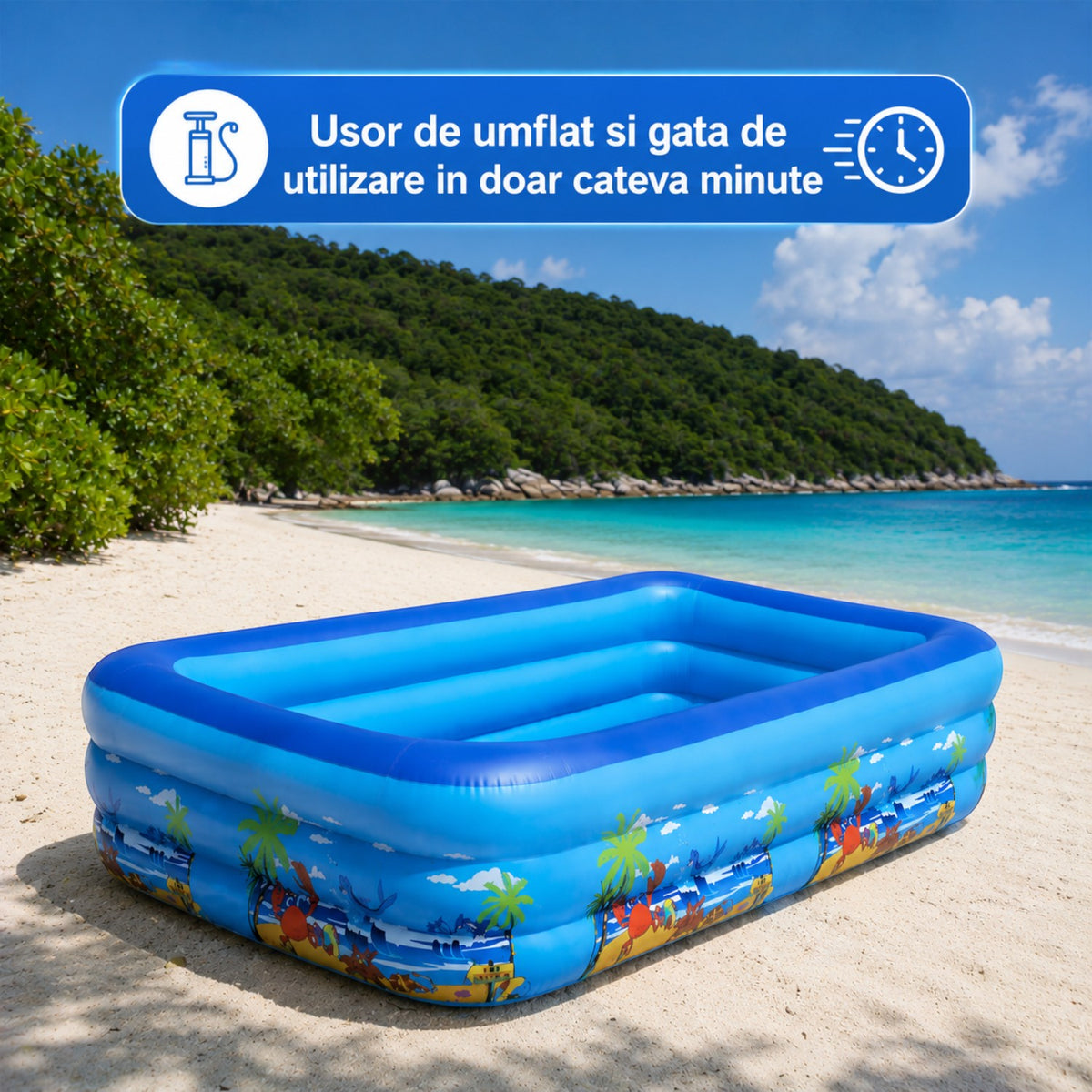 Piscina gonflabila familiala din PVC rezistent, 260x165x54 cm, 3 inele, design tropical, pentru curte si gradina
