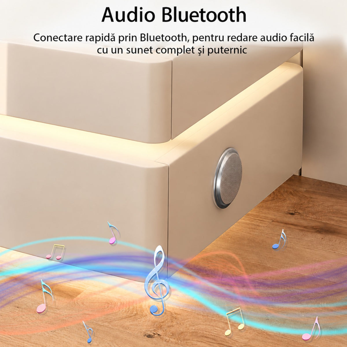 Noptiera Multifunctionala cu 3 Sertare, Design Suspendat, Incarcare Wireless si Boxa Bluetooth, Iluminare LED Ambientala Tricolora, 50x40x72cm