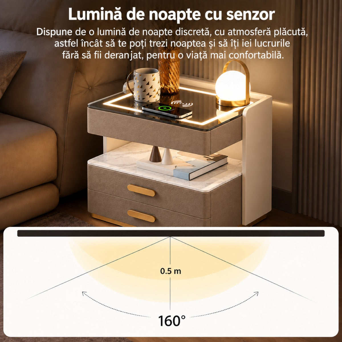 Noptiera Multifunctionala cu 2 Sertare, Spatiu de Depozitare, Blat din Piatra Sinterizata, Incarcare Wireless, Boxa Bluetooth, Port USB, Lumina de Noapte cu Senzor, 56x40x50cm
