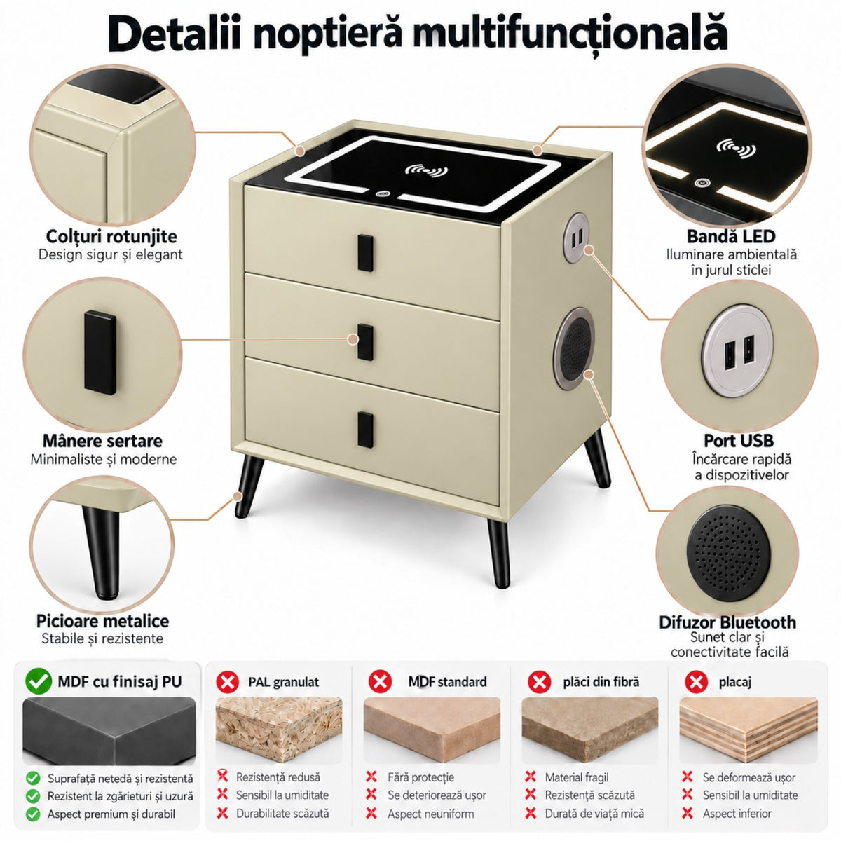 Noptiera Multifunctionala cu 3 Sertare, Incarcare Wireless si Boxa Bluetooth, Afisaj LED Tactil cu 3 Culori si 2 Porturi USB, 45x40x60cm
