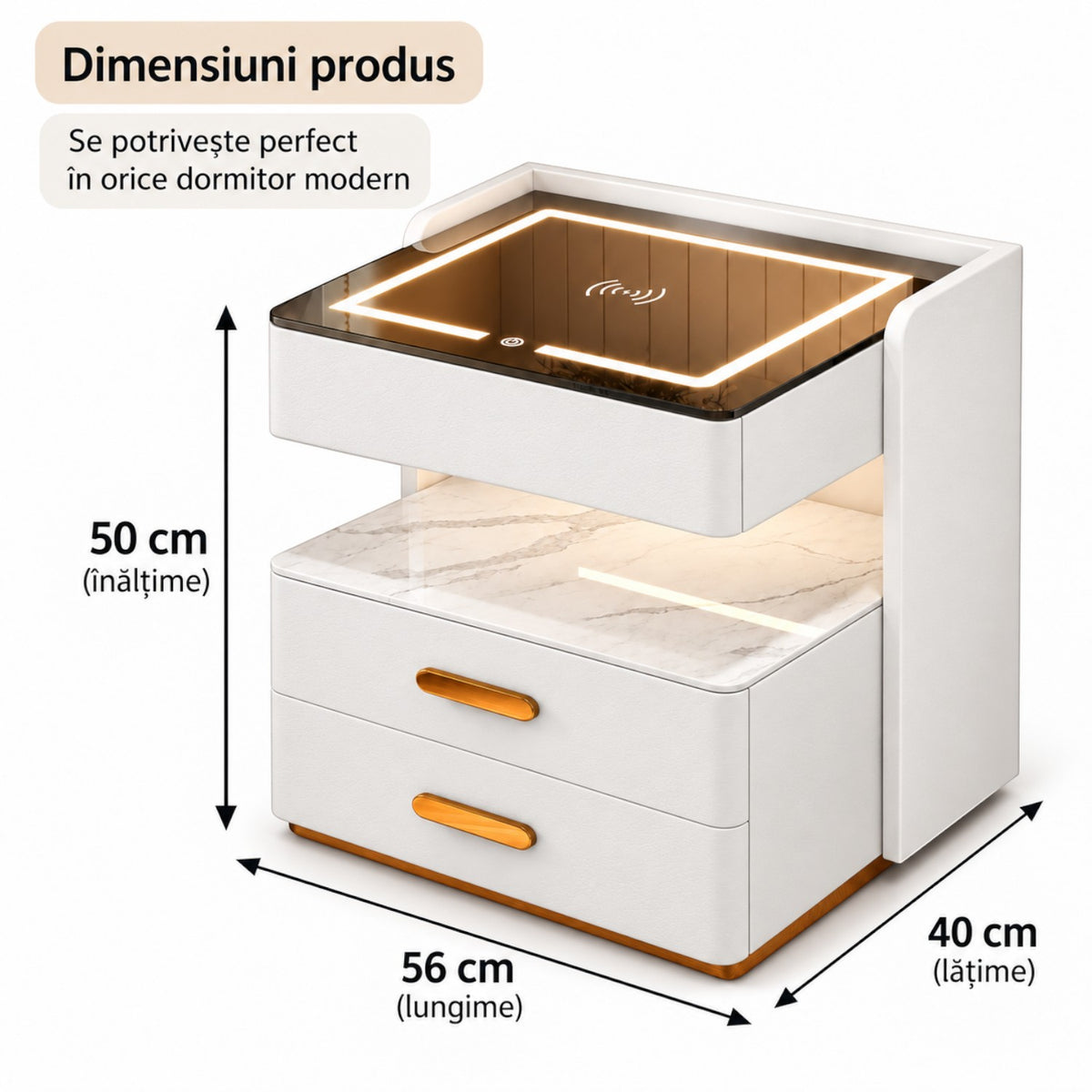 Noptiera Multifunctionala cu 2 Sertare, Spatiu de Depozitare, Blat din Piatra Sinterizata, Incarcare Wireless, Boxa Bluetooth, Port USB, Lumina de Noapte cu Senzor, 56x40x50cm