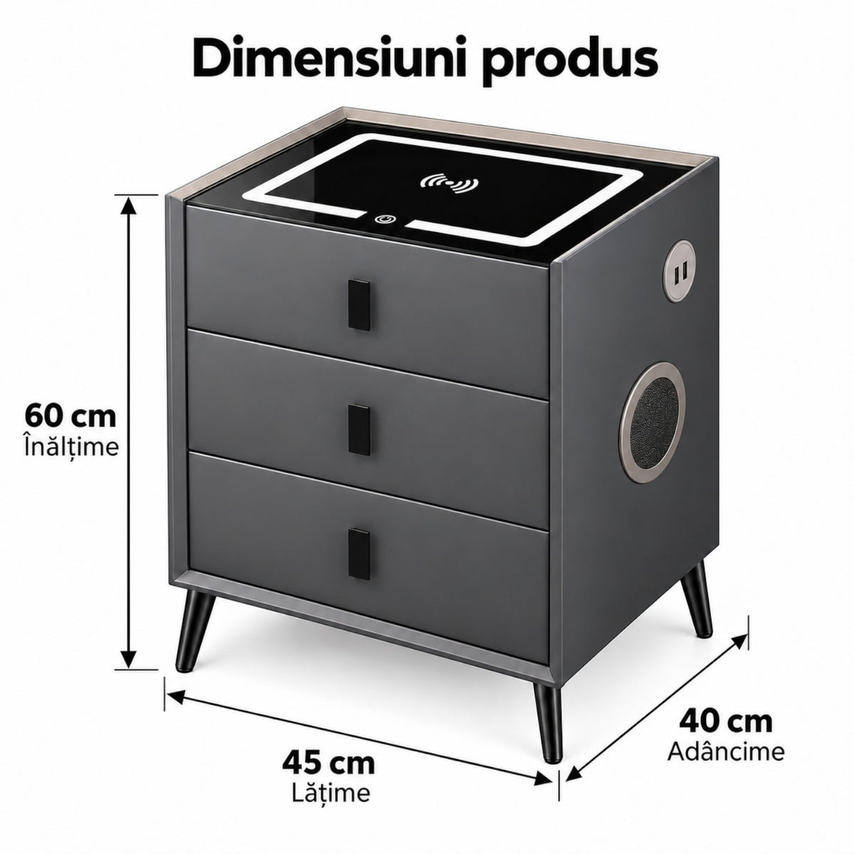 Noptiera Multifunctionala cu 3 Sertare, Incarcare Wireless si Boxa Bluetooth, Afisaj LED Tactil cu 3 Culori si 2 Porturi USB, 45x40x60cm