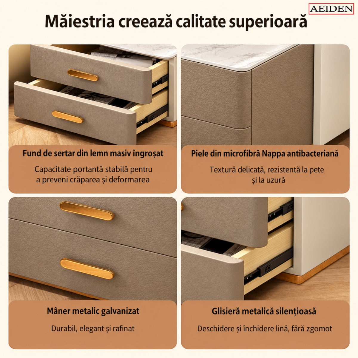 Noptiera Multifunctionala cu 2 Sertare, Spatiu de Depozitare, Blat din Piatra Sinterizata, Incarcare Wireless, Boxa Bluetooth, Port USB, Lumina de Noapte cu Senzor, 56x40x50cm