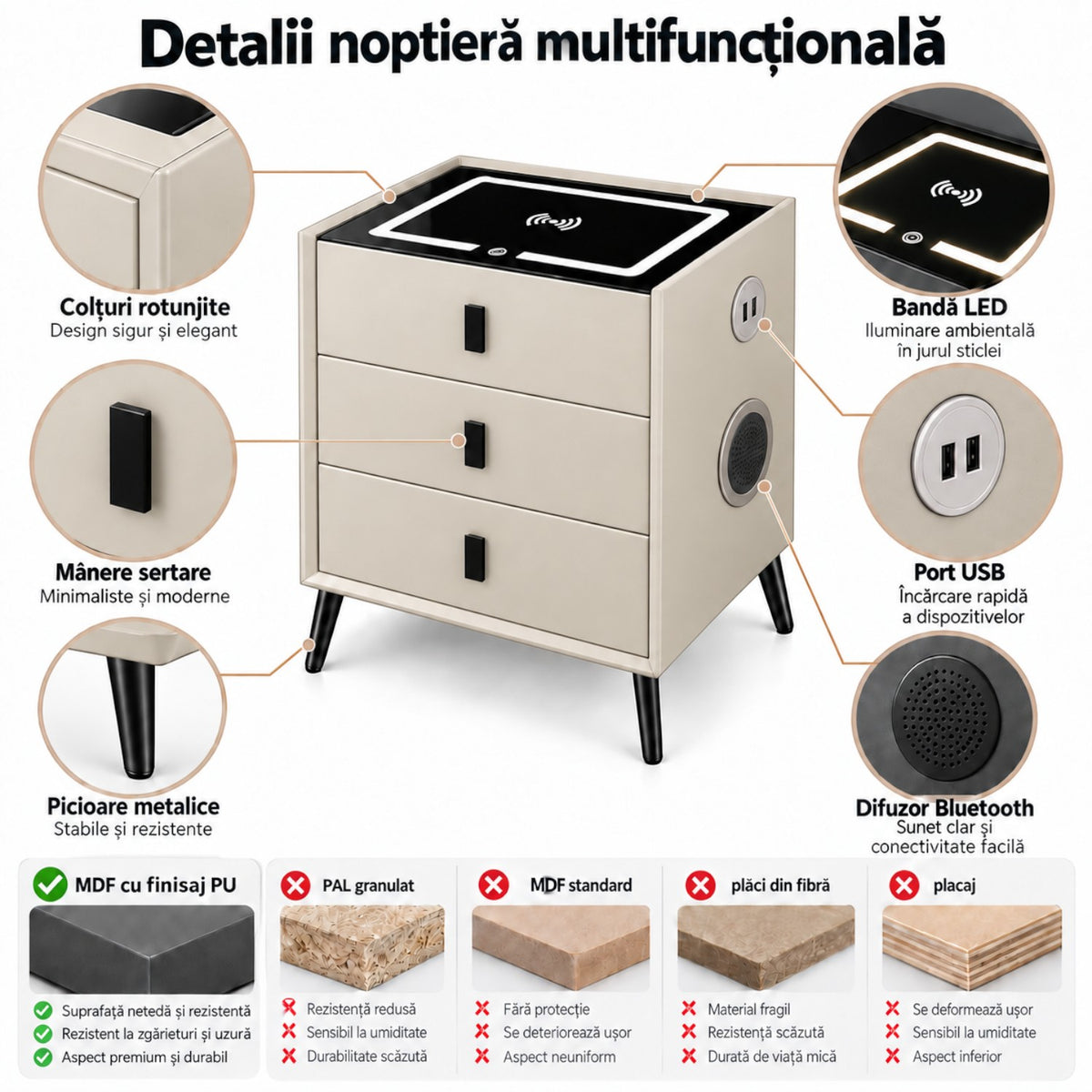 Noptiera Multifunctionala cu 3 Sertare, Incarcare Wireless si Boxa Bluetooth, Afisaj LED Tactil cu 3 Culori si 2 Porturi USB, 45x40x60cm