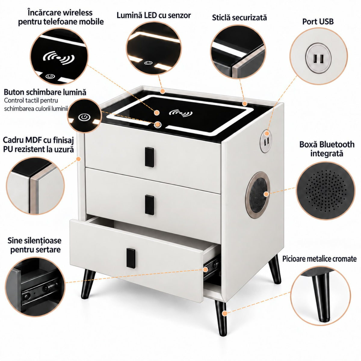 Noptiera Multifunctionala cu 3 Sertare, Incarcare Wireless si Boxa Bluetooth, Afisaj LED Tactil cu 3 Culori si 2 Porturi USB, 45x40x60cm