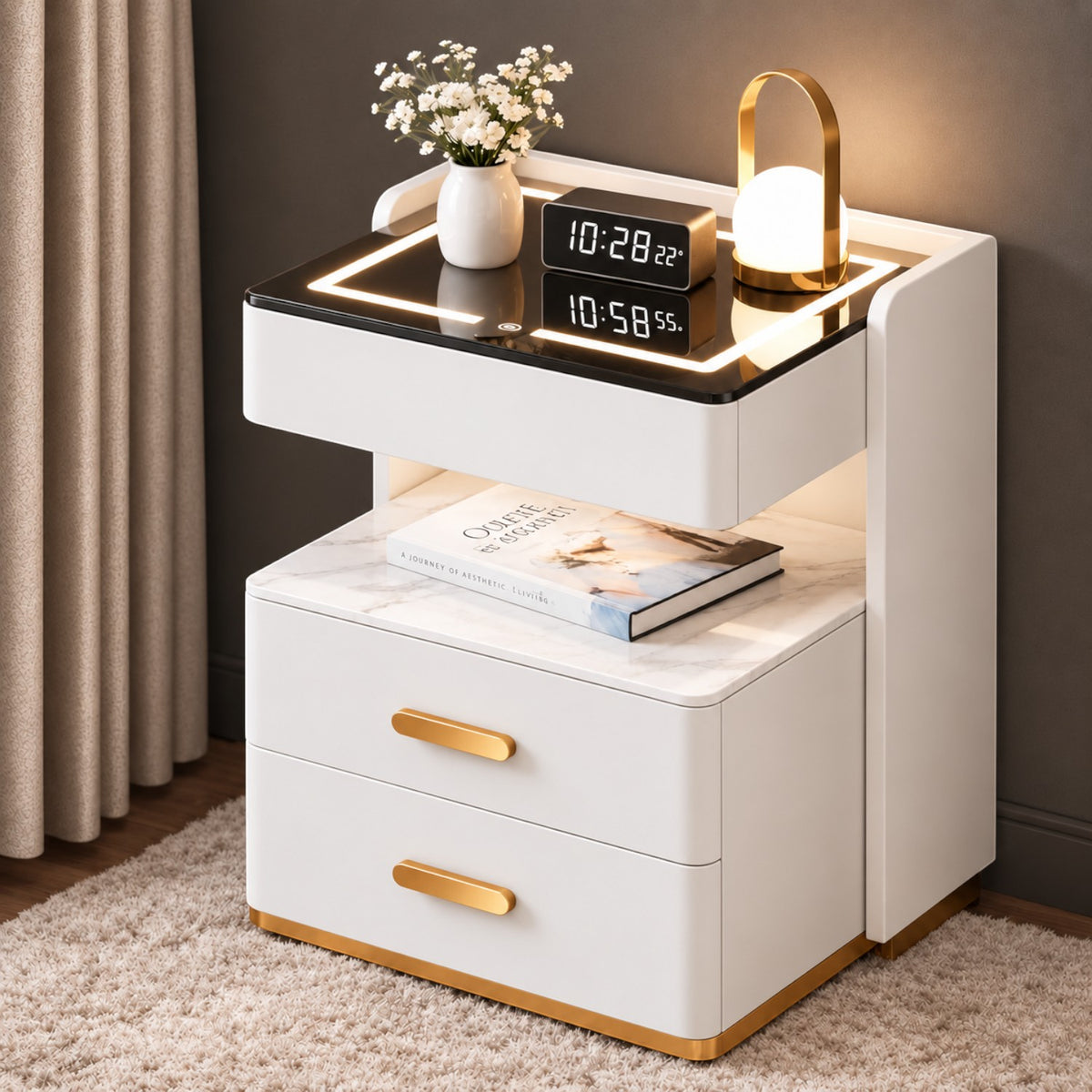 Noptiera Multifunctionala cu 2 Sertare, Spatiu de Depozitare, Blat din Piatra Sinterizata, Incarcare Wireless, Boxa Bluetooth, Port USB, Lumina de Noapte cu Senzor, 56x40x50cm