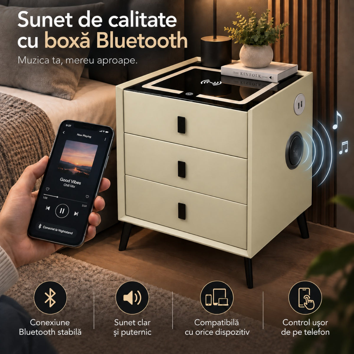 Noptiera Multifunctionala cu 3 Sertare, Incarcare Wireless si Boxa Bluetooth, Afisaj LED Tactil cu 3 Culori si 2 Porturi USB, 45x40x60cm