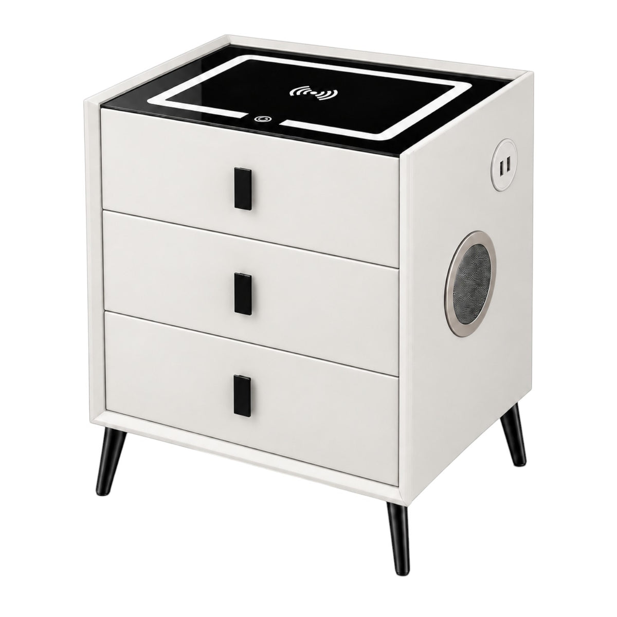 Noptiera Multifunctionala cu 3 Sertare, Incarcare Wireless si Boxa Bluetooth, Afisaj LED Tactil cu 3 Culori si 2 Porturi USB, 45x40x60cm