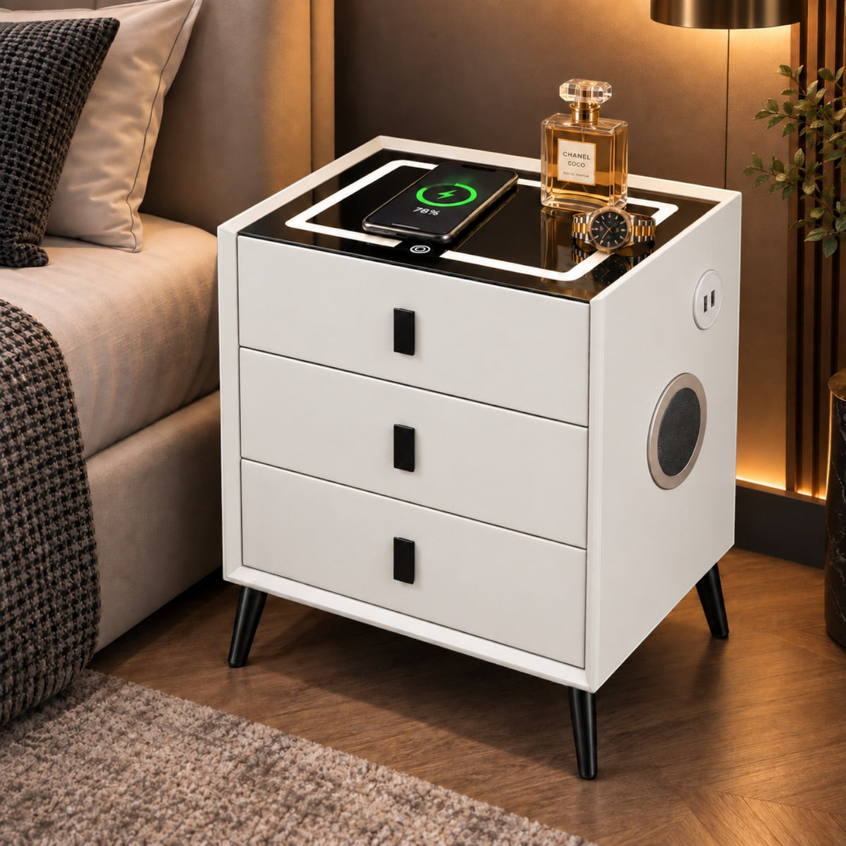 Noptiera Multifunctionala cu 3 Sertare, Incarcare Wireless si Boxa Bluetooth, Afisaj LED Tactil cu 3 Culori si 2 Porturi USB, 45x40x60cm