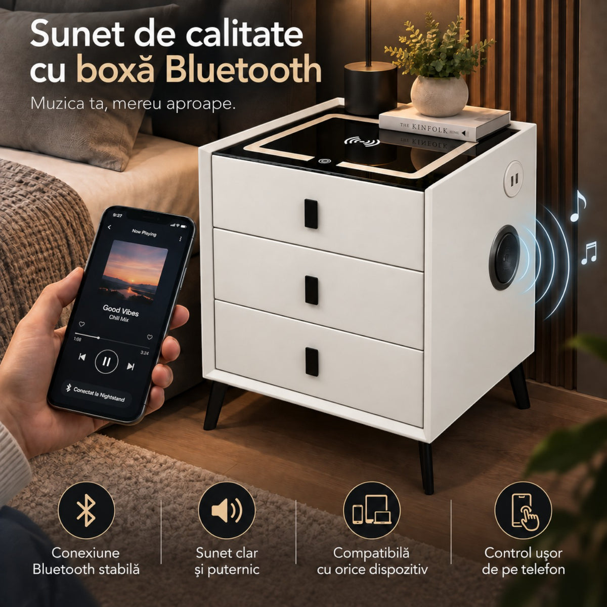 Noptiera Multifunctionala cu 3 Sertare, Incarcare Wireless si Boxa Bluetooth, Afisaj LED Tactil cu 3 Culori si 2 Porturi USB, 45x40x60cm