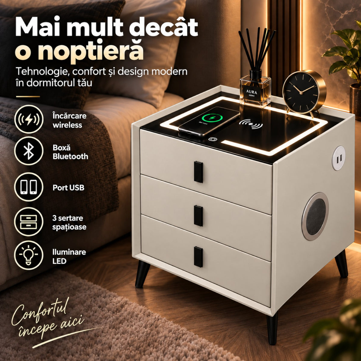 Noptiera Multifunctionala cu 3 Sertare, Incarcare Wireless si Boxa Bluetooth, Afisaj LED Tactil cu 3 Culori si 2 Porturi USB, 45x40x60cm