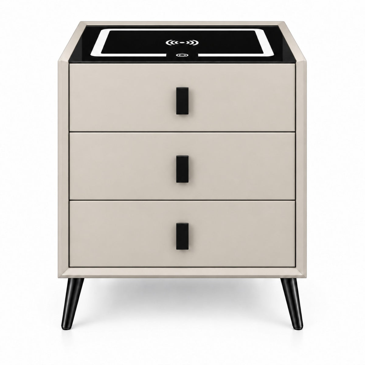 Noptiera Multifunctionala cu 3 Sertare, Incarcare Wireless si Boxa Bluetooth, Afisaj LED Tactil cu 3 Culori si 2 Porturi USB, 45x40x60cm