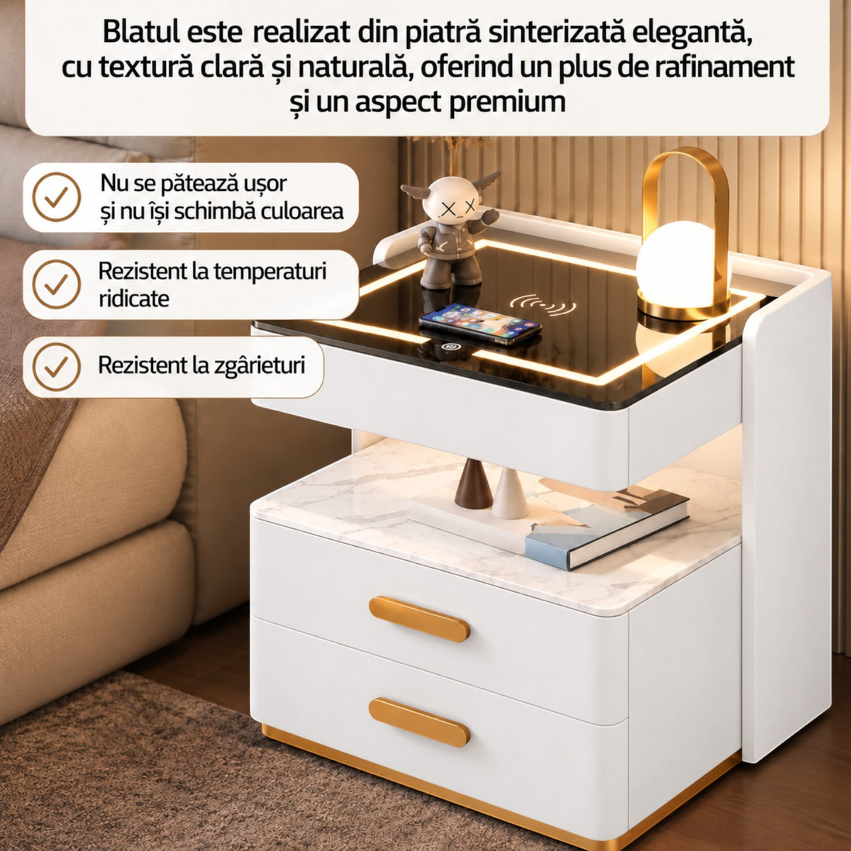 Noptiera Multifunctionala cu 2 Sertare, Spatiu de Depozitare, Blat din Piatra Sinterizata, Incarcare Wireless, Boxa Bluetooth, Port USB, Lumina de Noapte cu Senzor, 56x40x50cm