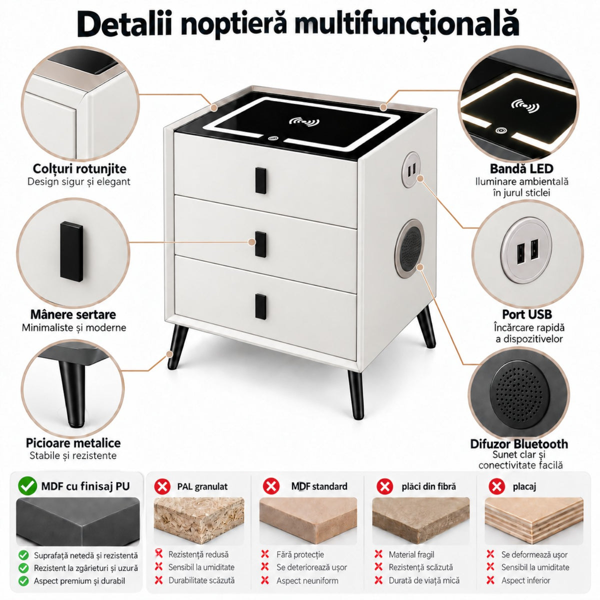 Noptiera Multifunctionala cu 3 Sertare, Incarcare Wireless si Boxa Bluetooth, Afisaj LED Tactil cu 3 Culori si 2 Porturi USB, 45x40x60cm