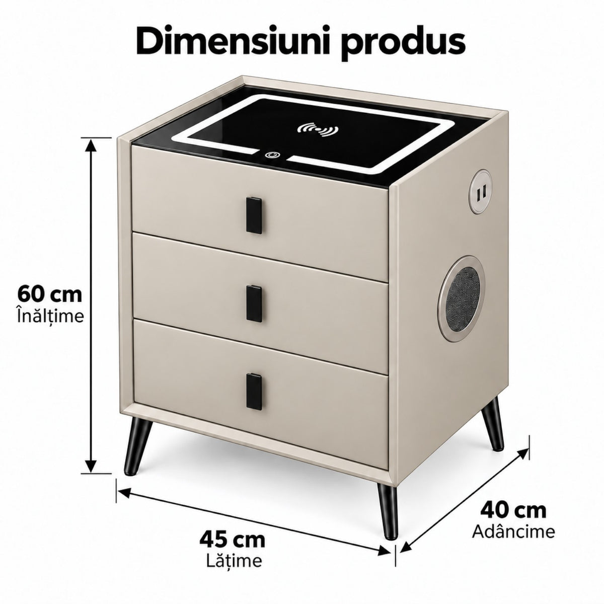 Noptiera Multifunctionala cu 3 Sertare, Incarcare Wireless si Boxa Bluetooth, Afisaj LED Tactil cu 3 Culori si 2 Porturi USB, 45x40x60cm