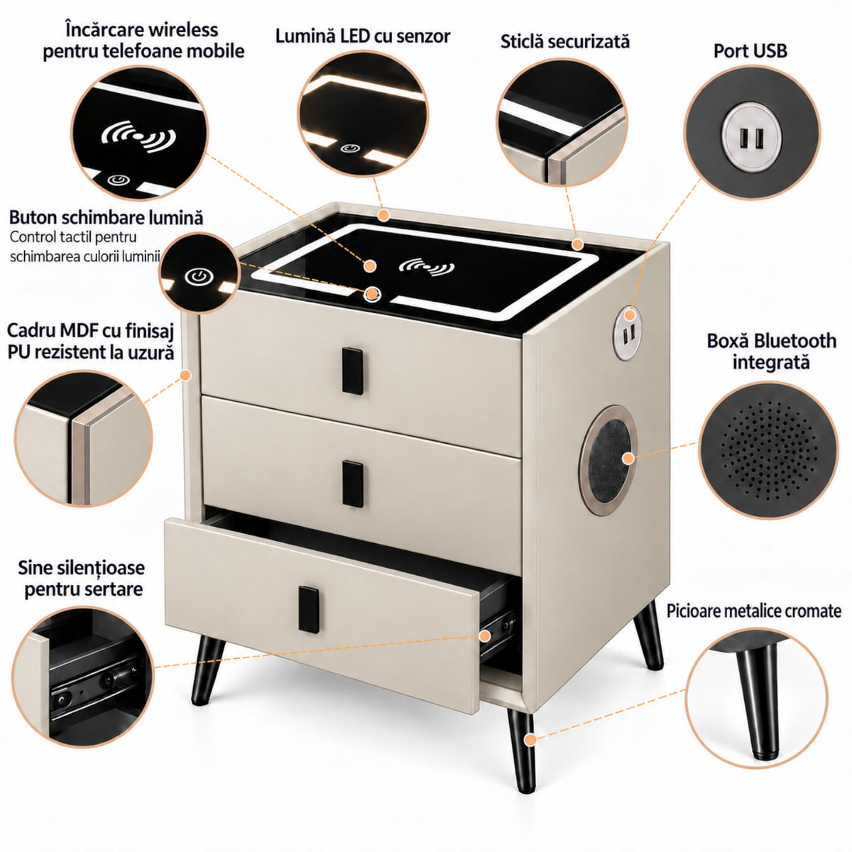 Noptiera Multifunctionala cu 3 Sertare, Incarcare Wireless si Boxa Bluetooth, Afisaj LED Tactil cu 3 Culori si 2 Porturi USB, 45x40x60cm