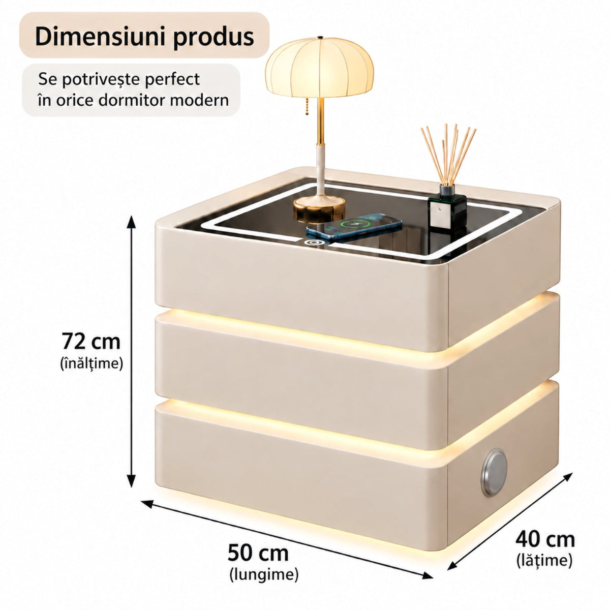 Noptiera Multifunctionala cu 3 Sertare, Design Suspendat, Incarcare Wireless si Boxa Bluetooth, Iluminare LED Ambientala Tricolora, 50x40x72cm